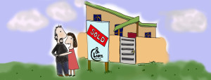 Illustration of happy couple next to house sold sign